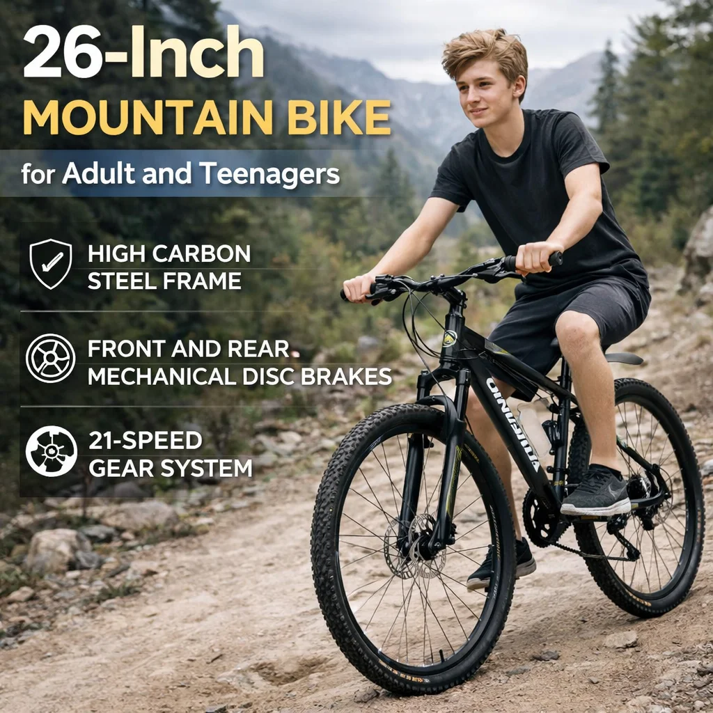 

26-дюймовый горный велосипед для взрослых и подростков, рама из высокоуглеродистой стали, передние и задние механические дисковые тормоза, 21-скоростная система переключения передач