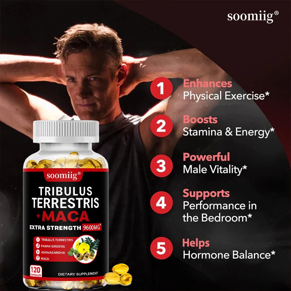 4-in-1 Tribulus Terrestris, Maca, Ginseng & Ashwagandha Capsules 9600mg, Daily Energy Endurance & Physical Performance Support