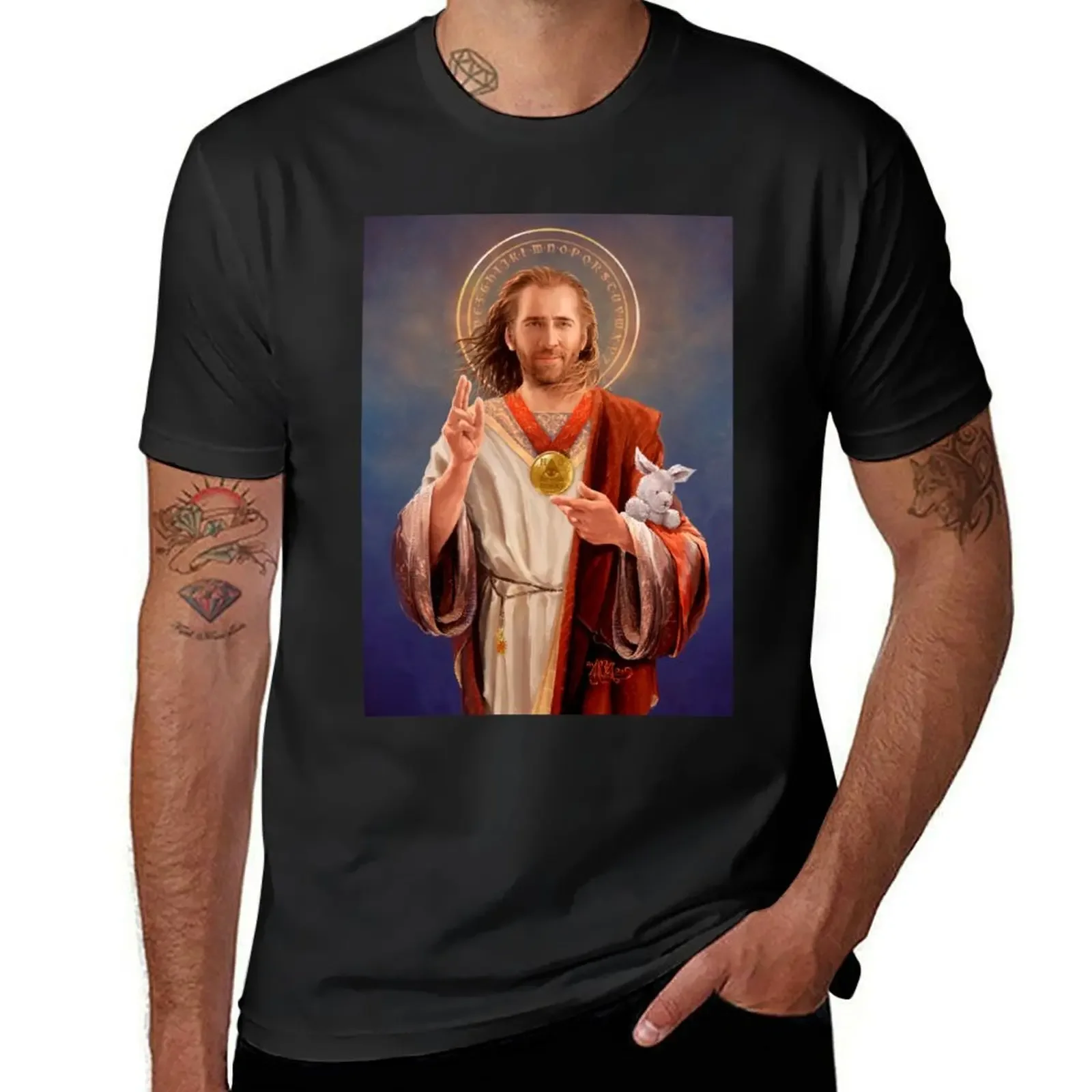 Nicolas Cage Saint Nicolas of Cage - Nic Cage Original Religious Painting T-Shirt blanks shirts graphic tee men