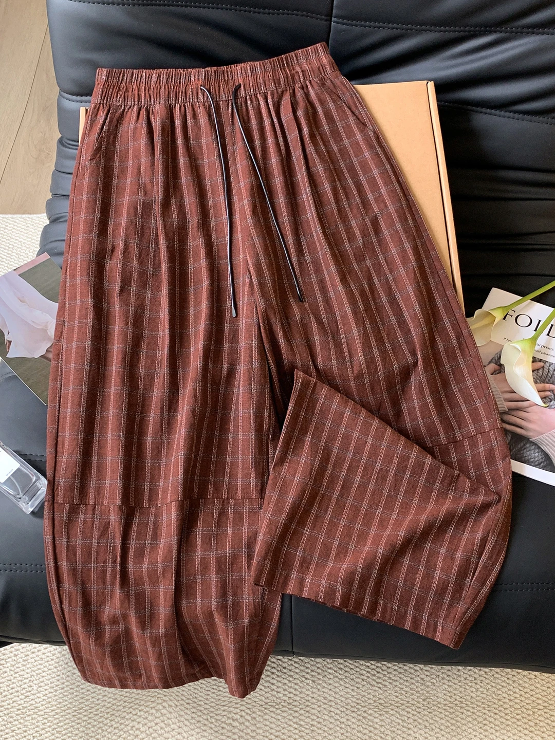Women's Casual Cotton Linen Wide Leg Pants Autumn New Style High Waist Trousers Plaid Loose Waist Design 9 Points Length
