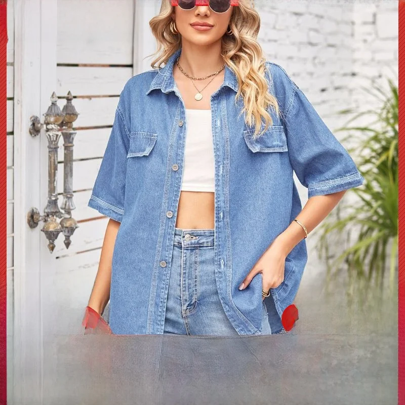 

Casual Denim Short Sleeve Women's Shirt Street Style Loose Fit Cross-Border Trade Fashion Independent Station New Arrival