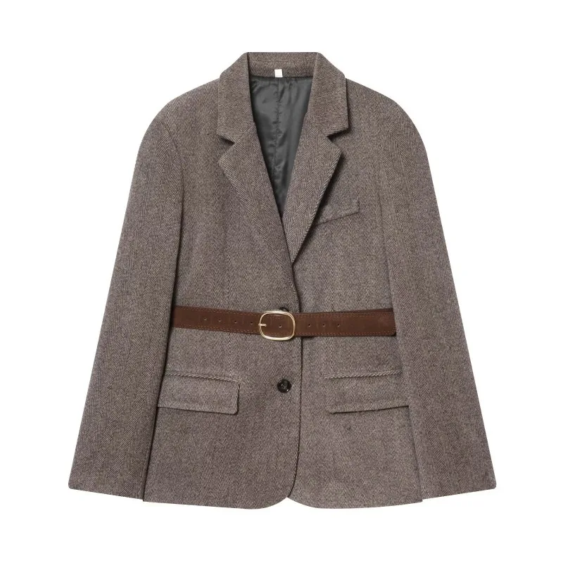 

European and American Style 2025 New Fashionable Temperament with Belt Herringbone Diagonal Suit Jacket Female Clothing