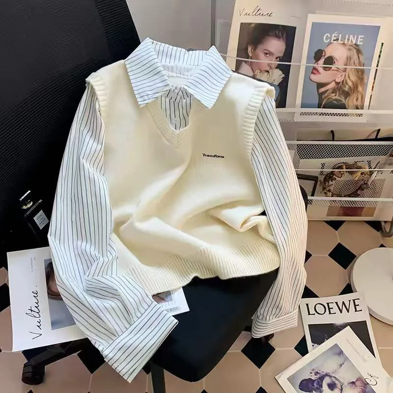 Striped Patchwork Knit Sweater for Women Korean Loose Lapel Splicing Knitwear Sweet Preppy All Match Fake 2 Piece Jumpers