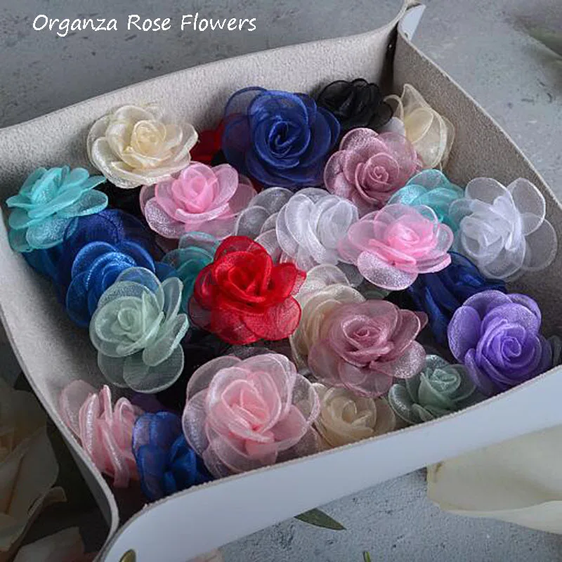 

2pcs Round 4.5cm HOT Burned Edge 3D Rose Flower organza patches DIY sewing applique cloth wedding dress Hairpin Christmas decor
