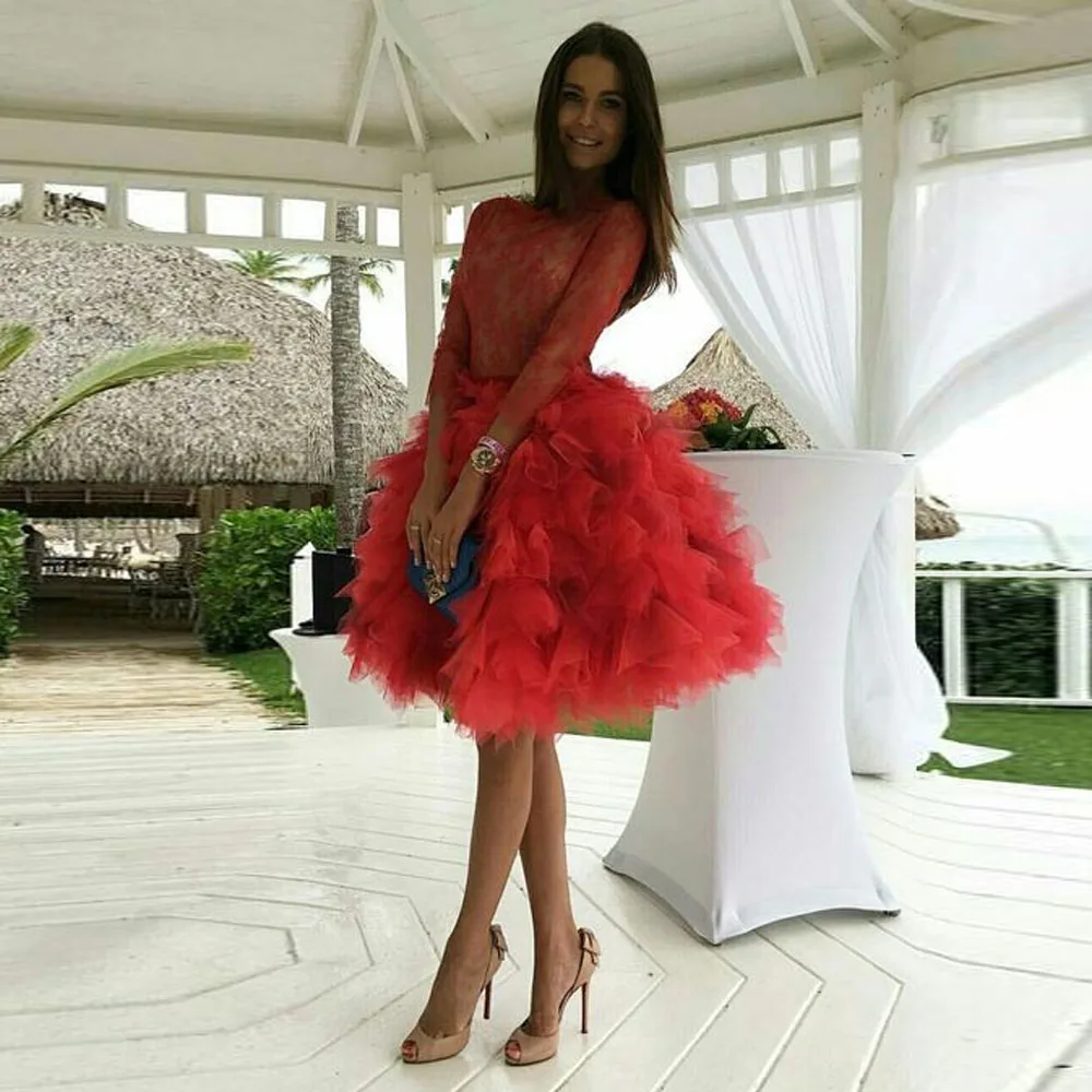 

Fashion Lush Red Ruffles Trimmed Midi Tutu Tulle Skirts Elastic Waistband Puffy Tutu Tulle Skirt To Party