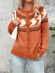 Halloween Ghost Pattern Vintage Crew Neck Button Front Long Sleeve Cardigan Retro Fashion Staple Women Sweater