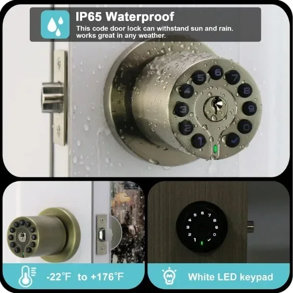 IU-20 Code Door Lock, Electronic Door Knob with Keypad and Key, Auto Lock, Waterproof, Passage Function, Long Battery Life
