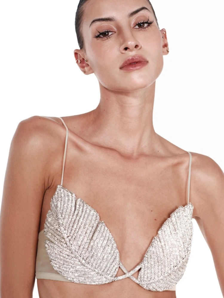 Sparkling Leaf-Shaped Beaded Spaghetti Strap Bra Top Sexy Women Crystal Corset Party Beach Club Tops Vacation Wear