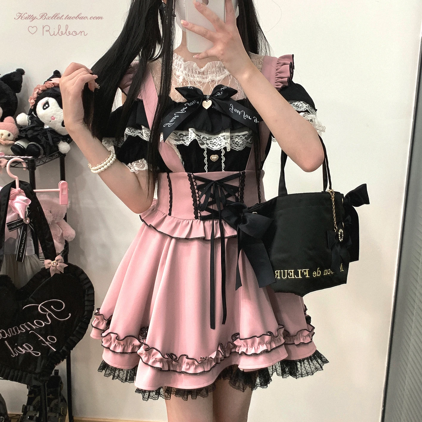 Japanische Mädchenröcke im Mine-Stil, fliegende Ärmel, hohe Taille, Schnürung, schlanke A-Linie, Spitzennähte, süßer Lolita-Hosenträgerrock für Damen
