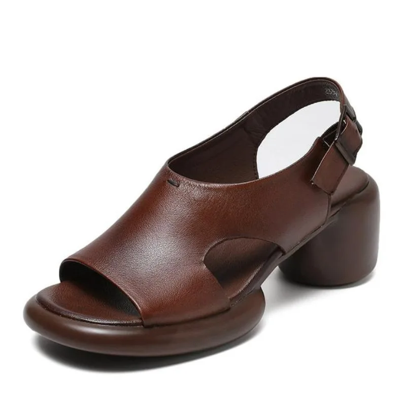 

Модные женские босоножки на высоком каблуке 6 см, летние повседневные сандалии из натуральной кожи с открытым носком и пряжкой на толстом каблуке, уличные сандалии-тапочки