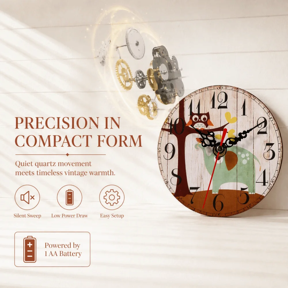 12CM 4.7 Inch Wooden Wall Clock Non-Ticking Vintage Pattern Round Wall Clock Silent Movement Desk Table Clock for Bedroom