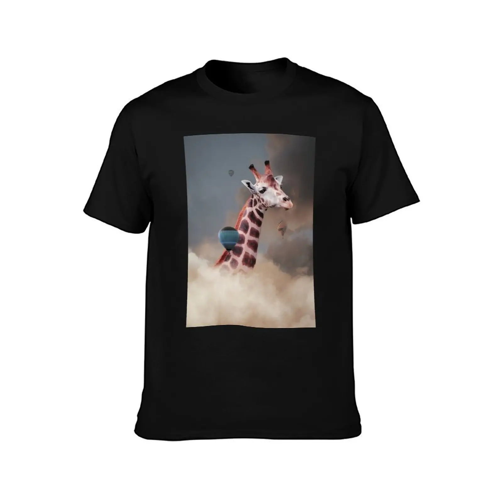 Head Above the Clouds II' - Reticulated Giraffe and Hot Air Balloons T-Shirt, Summer Casual Cotton Tee, Vintage Graphic Print