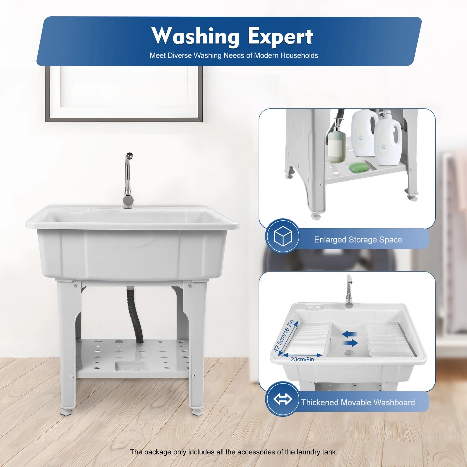 Multifunctional Laundry Sink: Durable PP Material, Easy Installation, Complete Accessories, Classic Gray Design