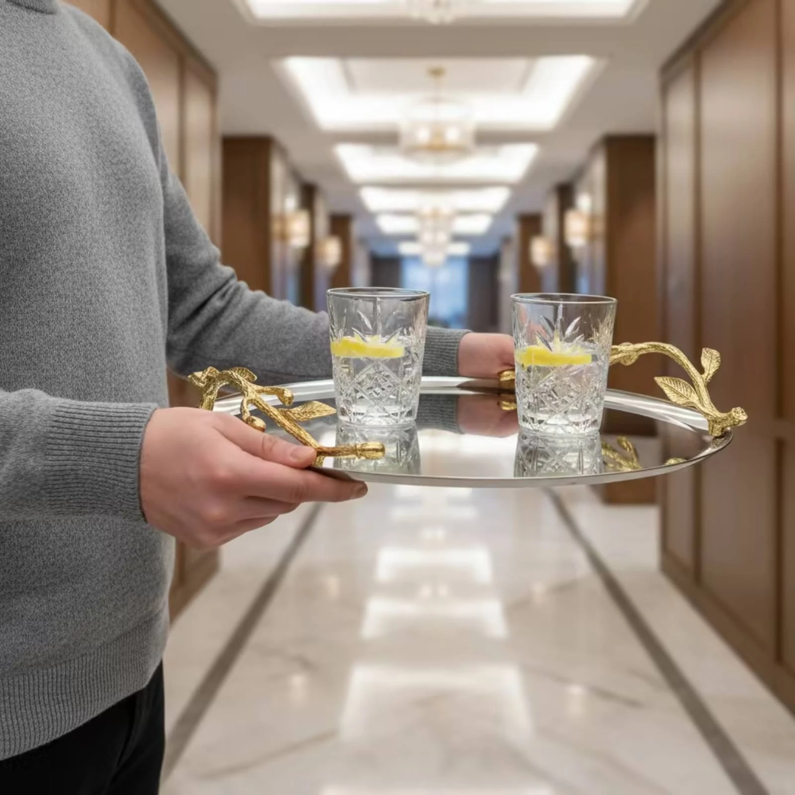 Stainless Steel Tray with Gold Branch Accents Smooth Mirrored Metal Tray Serving Platter Shiny Elegant for Hosts, Tea Service