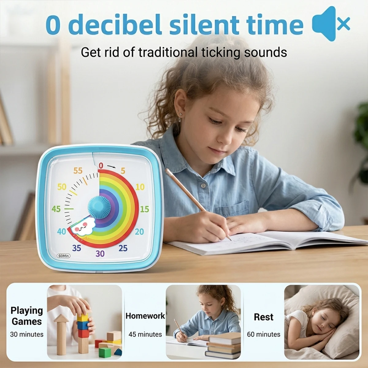 Rainbow Visual Timer 60 Minute Silent Countdown Clock Adjustable Volume Flash Alert Time Management Tool With Protective Case