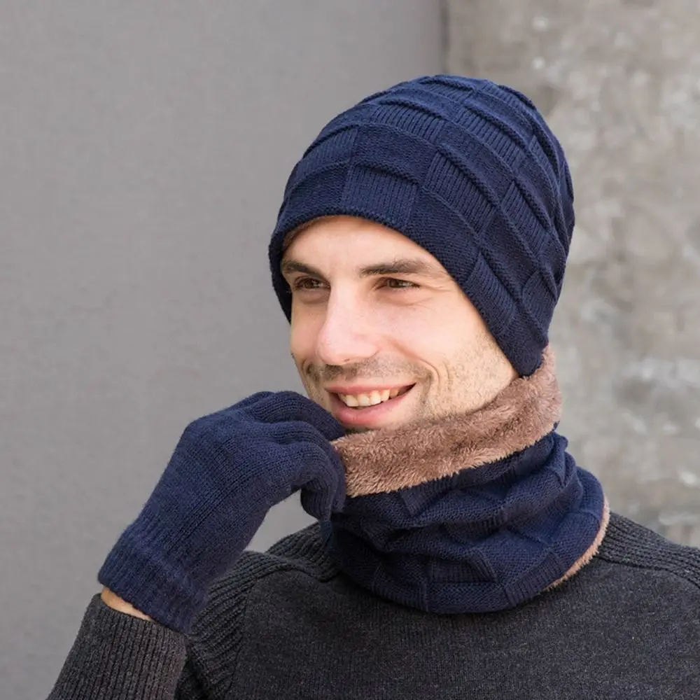 Gorro masculino de malha à prova de vento, boné casual e portátil cachecol macio e luvas, terno no pescoço, na moda