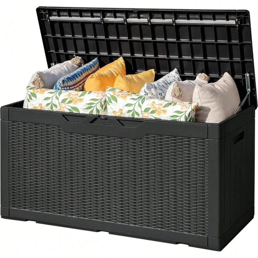 80 Gallon Outdoor Storage Box Resin Waterproof Deck Box Wood Texture Large Patio Container for Cushions, Garden Tools, Pool Supplies, 53.5 x 22 x 26.4 Inches, Lockable