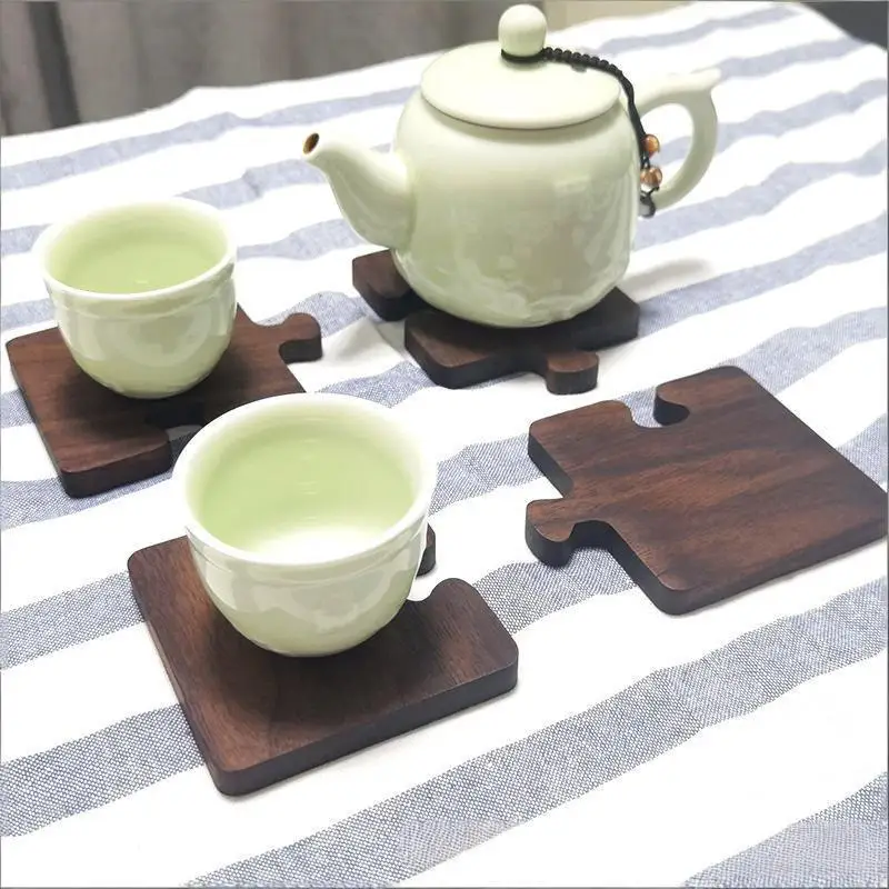 4pcs Wooden Coaster Retro Style Teacup Mats Creative Building Block Shape Cup Mat Desktop Heat Insulation Mats Tea Sets Supplies