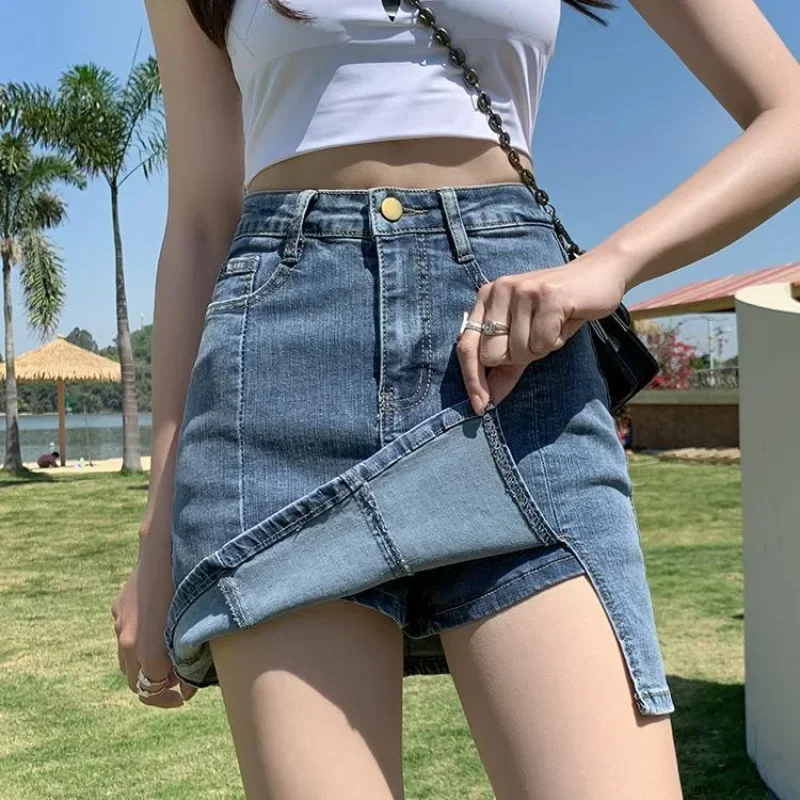Pop High Waist Slit Denim Mini Skirt Women's Spring Summer New Style Slimming A- Line Bodycon Skirt Half-length Skirts
