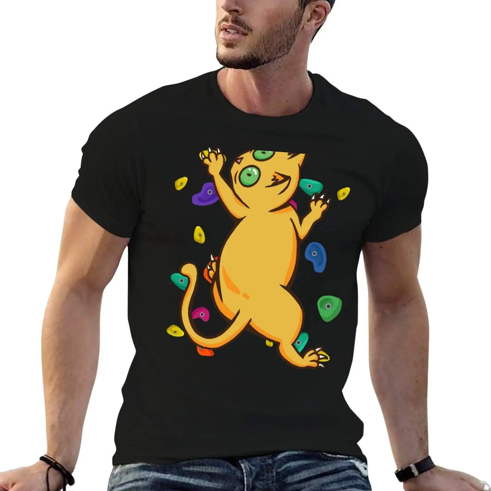 Funny Wall Climbing Cat With Colourful Shapes T-Shirt anime clothes plain mens graphic t-shirts anime