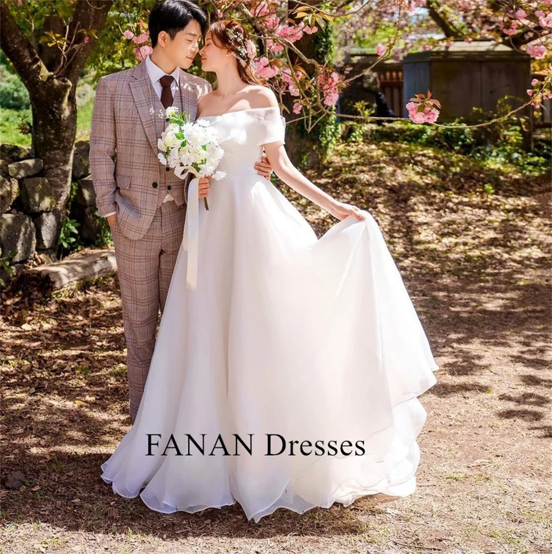 

FANAN Korea Ivory Off the Shoulder Wedding Dresses 웨딩드레스 Puff Sleeves Organza Corset Pretty Custom Made Bride Gowns Plus Size