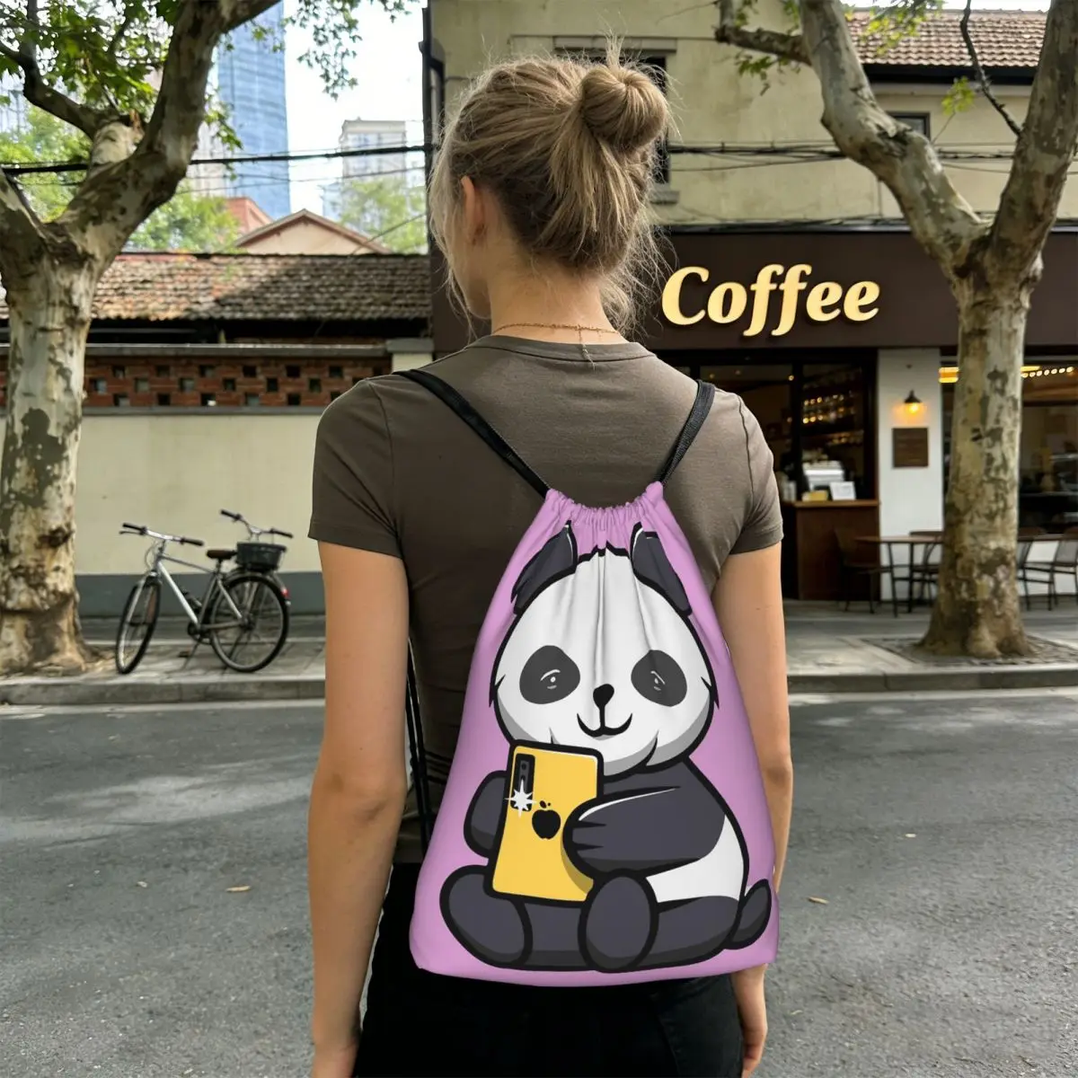 Cartoon Panda Playing With Mobile Phone Backpacks Multi-function Drawstring Bags Sports Bag Book Bags for Man Woman Students