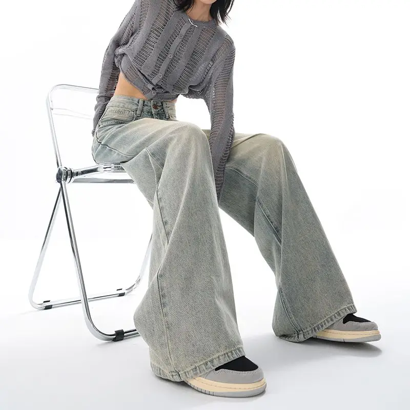 

Jeans Women Wide Leg American Chic Denim Personality Vibe High Street Bleach Popular BF College Harajuku Distressed New Trousers