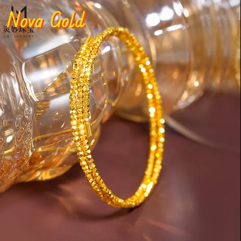 

NovaGlod New Chinese style retro 24K real gold sparkling poppy beads three-circle 9999 bracelet plain circle memory openbracelet