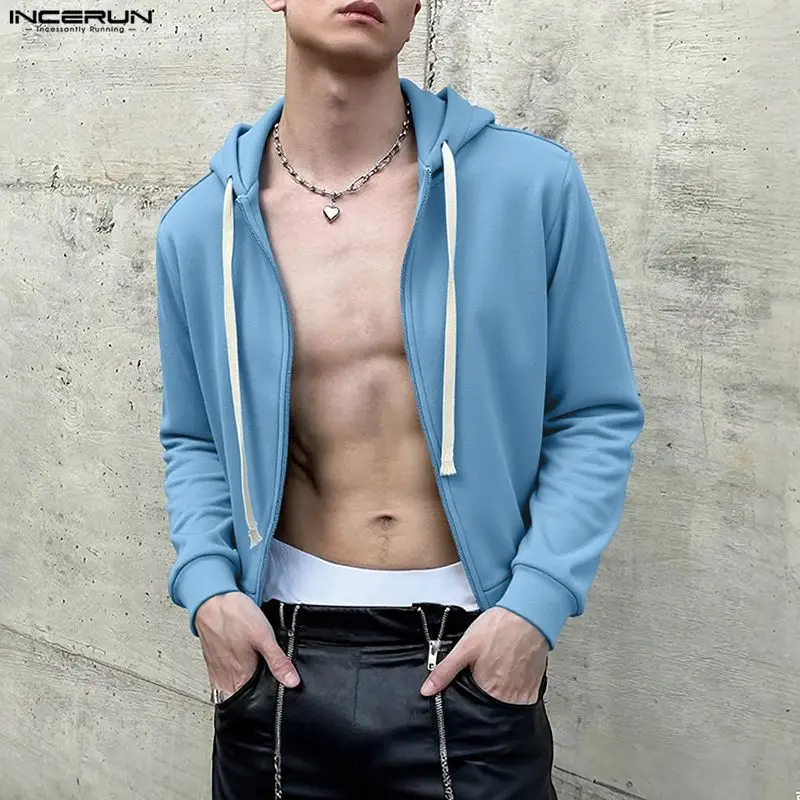 INCERUN الرجال هوديس بلون مقنعين سحاب أكمام طويلة المحاصيل بلوزات الرجال الشارع الشهير فضفاض موضة ملابس خارجية غير رسمية هوديي