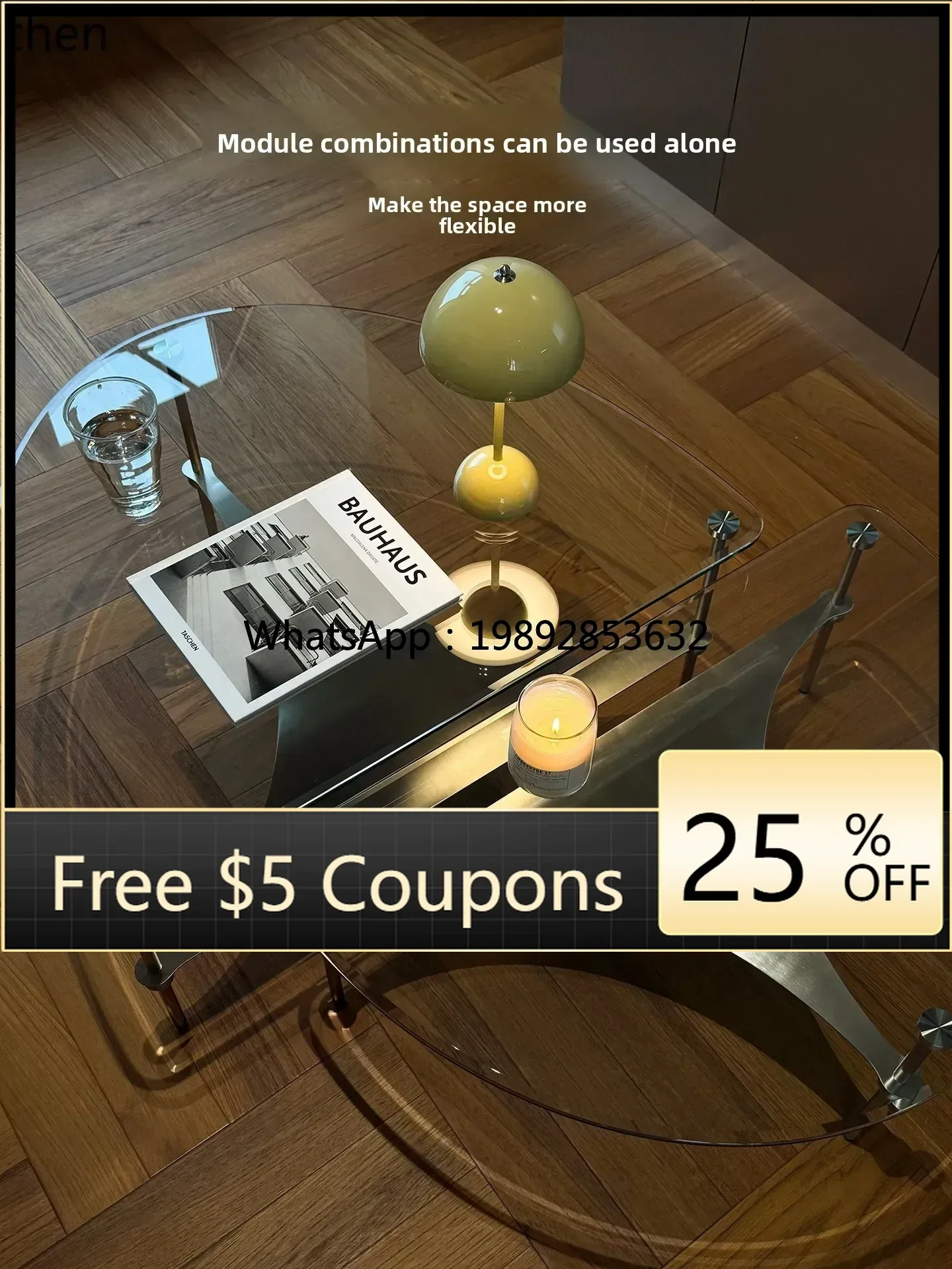 

ZZ Coffee Table Set Tempered Glass Living Room Oval Coffee Table Stainless Steel