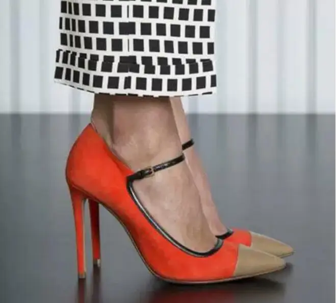 

New Lady Orange Apricot black Suede Leather Patchwork Pointed Toe Shallow Ankle Buckle Strap Thin Heels Pumps Banquet Shoes