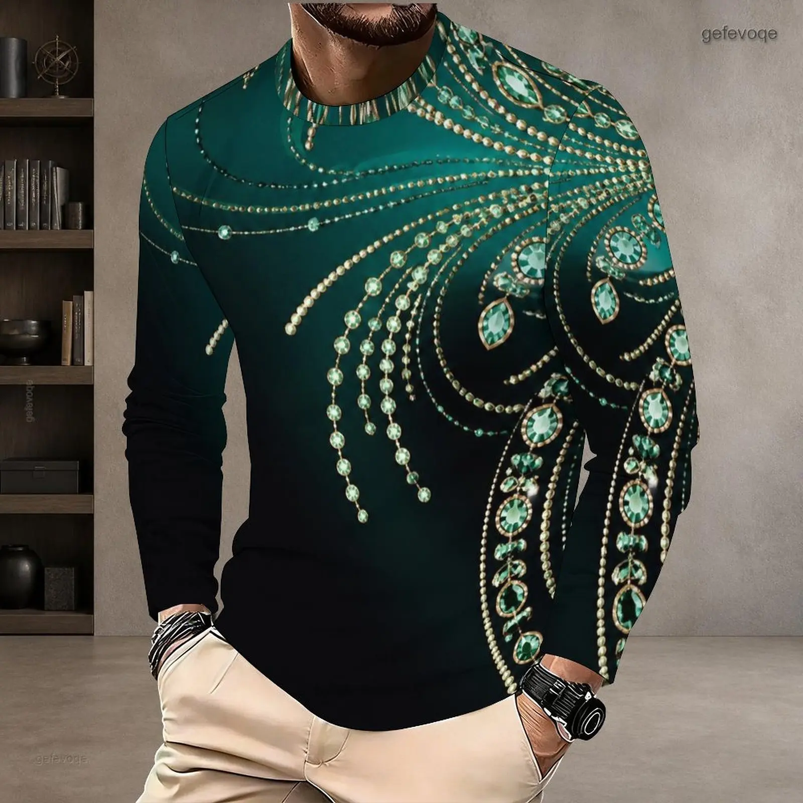 Men Emerald Gem Pearl Chain Printed Round Neck Long Sleeve Pullover T-Shirt