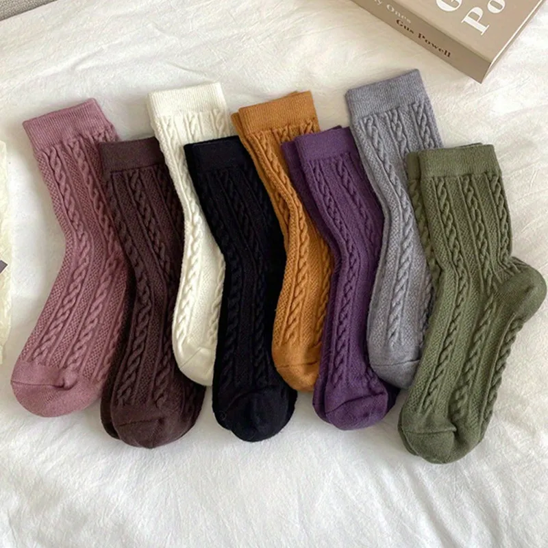 

8 пар теплых однотонных текстурированных женских носков средней длины, удобных и дышащих женских чулок и чулочно-носочных изделий на осень и зиму