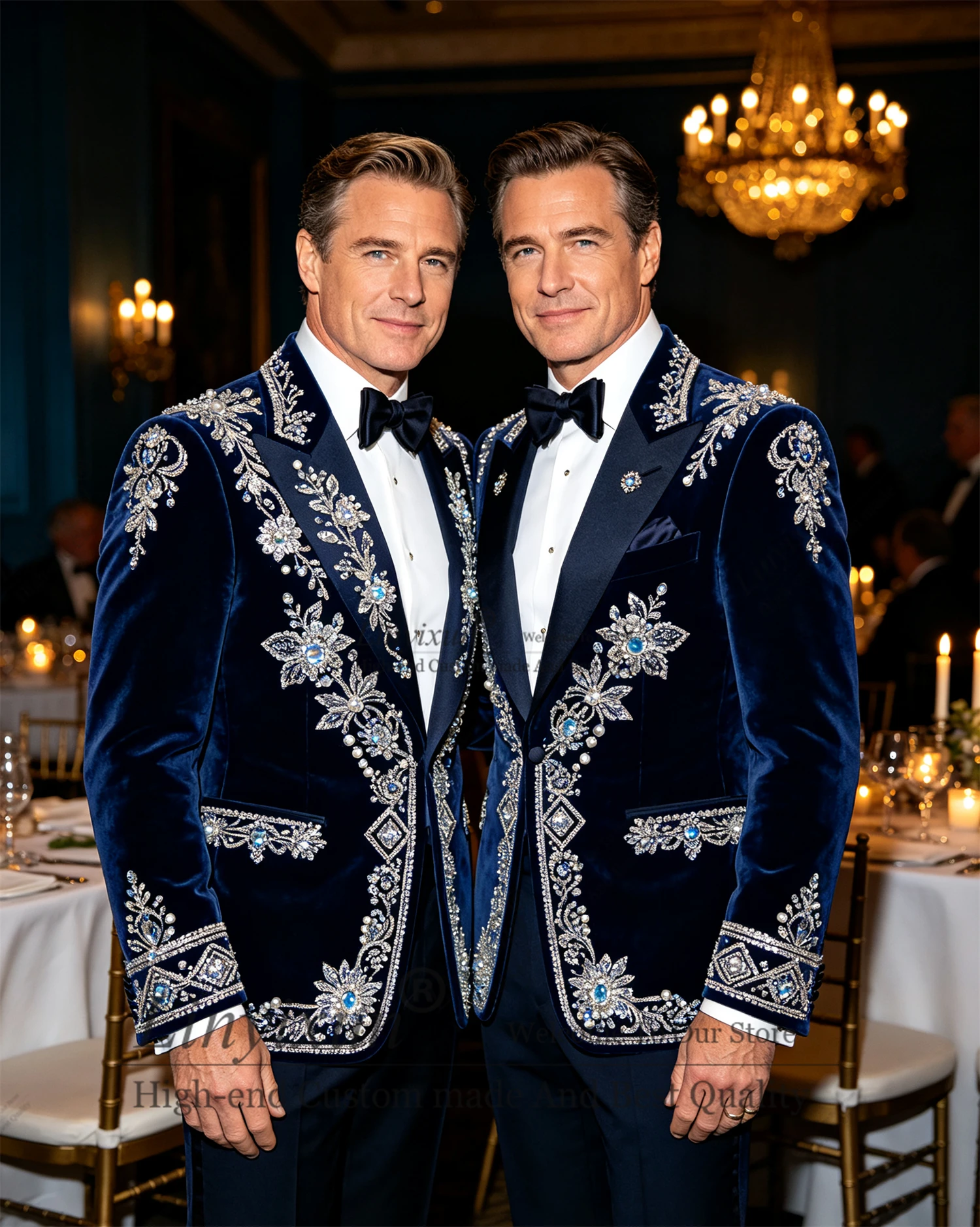 Shiny Beaded Diamond Men Suits 2 Pieces Sets Wedding Groom Tuxedo Elegant Lapel Male Prom Blazer Slim Customized Costume Homme