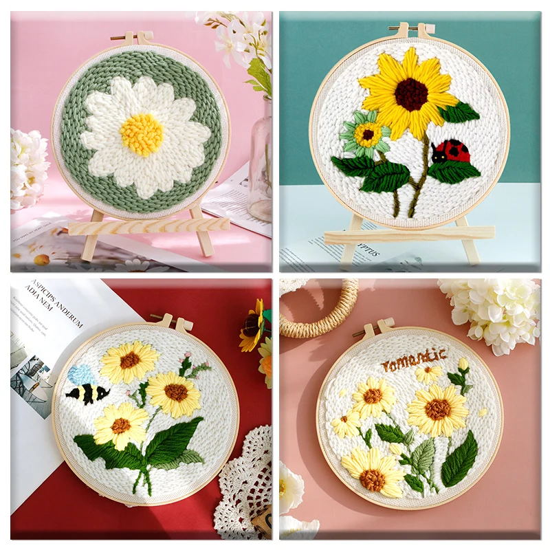 

GATYZTORY Punch Needle Embroidery Starter Kits Include Fabric With Pattern Yarns Embroidery Sunflowers For Children Mom Gift