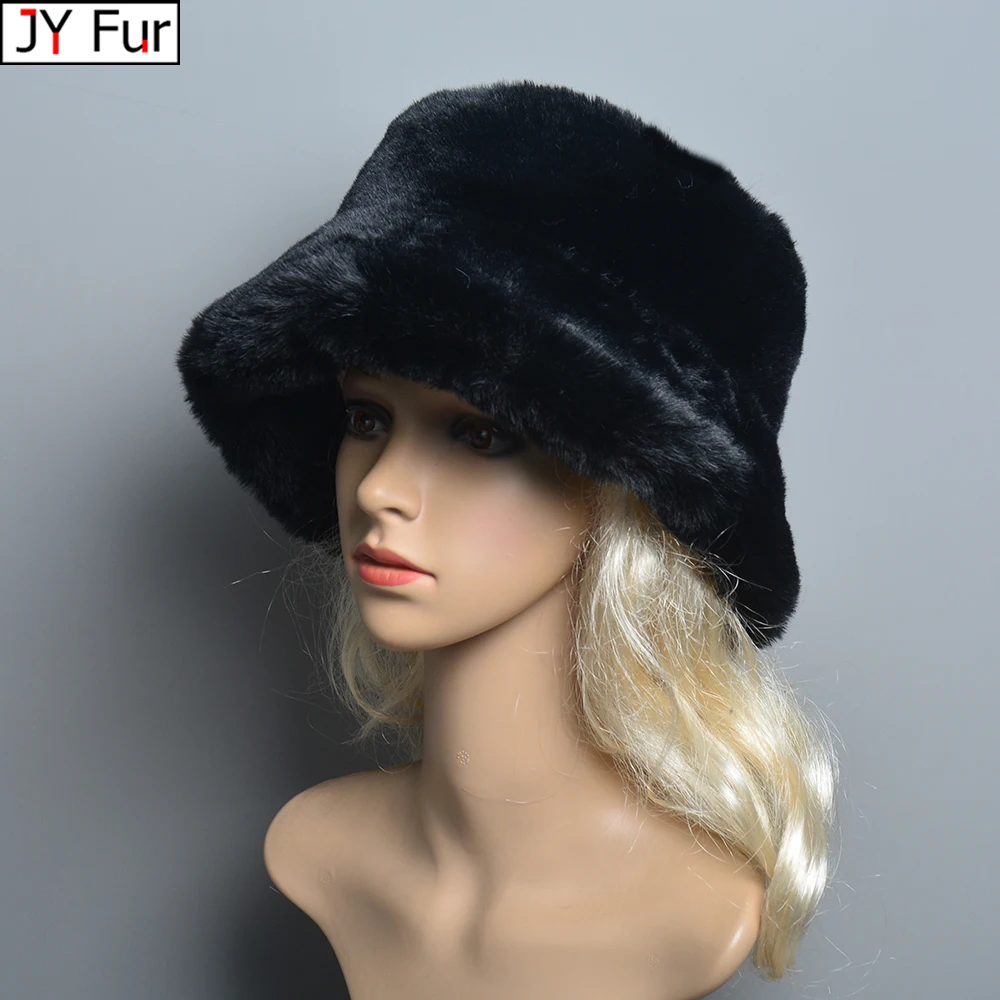 

2024 New Style Fake Rabbit Fur Hats Super Soft Women Winter Hat Cotton Lining Warm Russian Fashion Ski Beanies Plush Solid Color