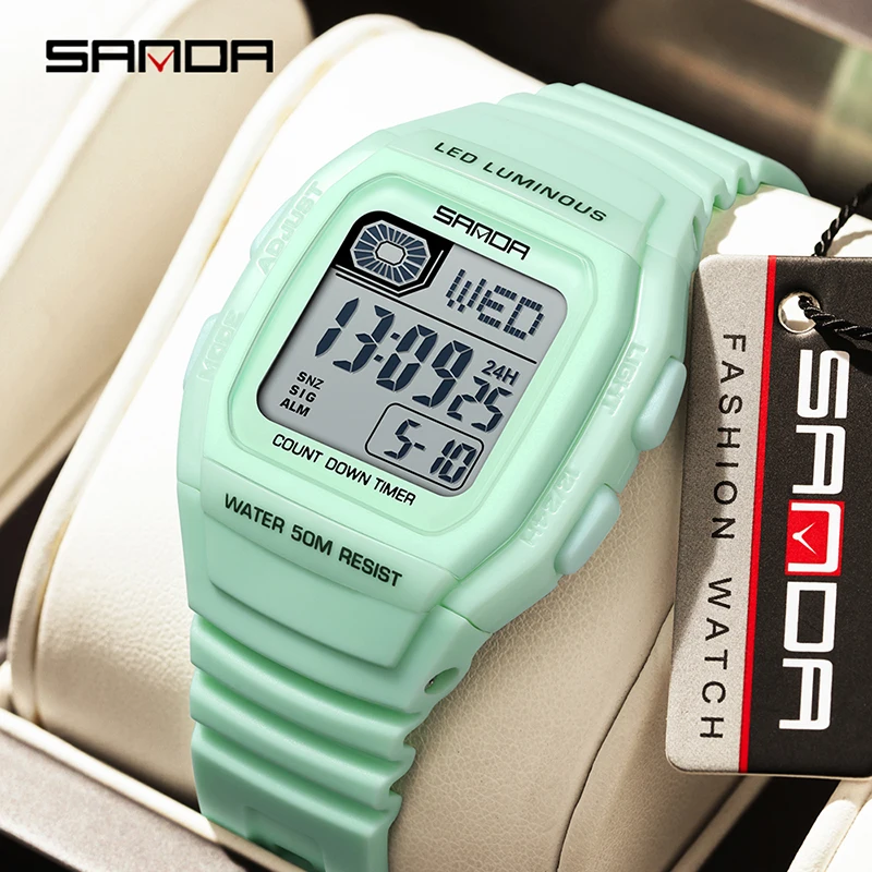 SANDA 2208 Sports Fashion Electronic Watch Square Multifunction Calendar Countdown Men Women Luminous Casual Digital Watches