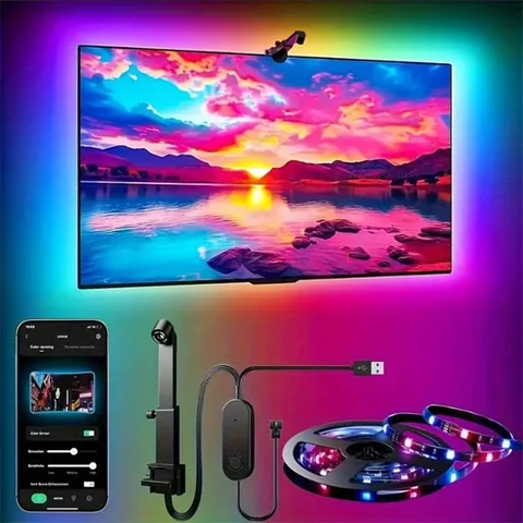 Fita de Luz LED RGBIC para TV com Controle por Câmera e App, Sincronização Musical, Luzes Inteligentes para Sala de Jogos, Iluminação Ambiente para TVs de 55-75 polegadas