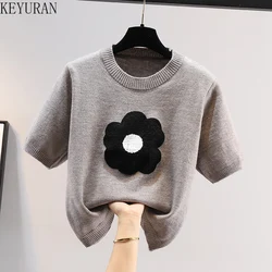 Flower Jacquard Short-sleeved T-shirt Sweater Women's 2024 Spring Summer Solid Fashionable Basic Sweater Loose Lady Tops Gray