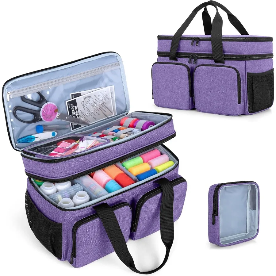 

Large Sewing Organizer Bag with Individual Pouch and Detachable Dividers for Efficient Storage of Sewing Supplies Two-Layer Des