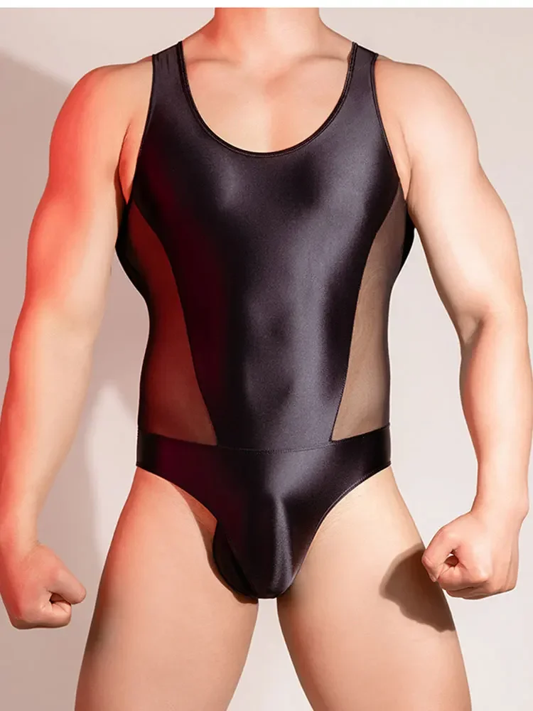 Men\'s Sleeveless Bodysuit High Elastic Breathable One-piece Shaper Sexy Patchwork Mesh Sheer Transparent Gymnastics Bodybuilding