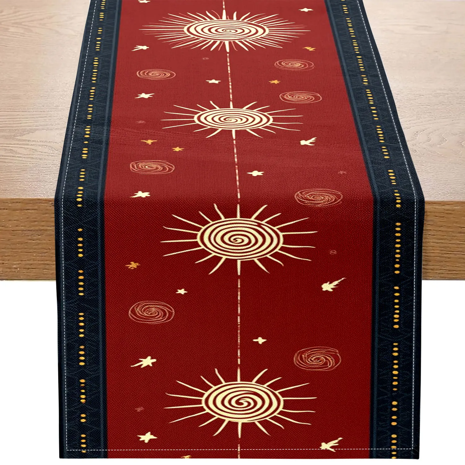 1 Piece of Sun and Star Themed Table Runner, Decorated with Hand-Painted Suns, Stars, and Swirls, Suitable for Bohemian Style and Sunny Space Decoration