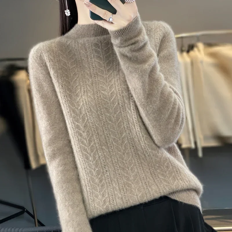 

100% Pure Wool Sweater Women First Line Seamless Half-high Twisted Pullover Autumn Winter Basis Casual Cashmere Knitting Top