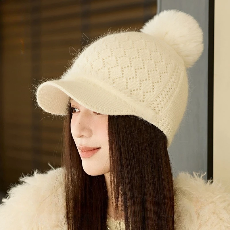 New Thickened Baseball Cap Korean Version of Temperament Advanced Rabbit Fur Hat Big Head Suitable for High Elastic Knitted Hat