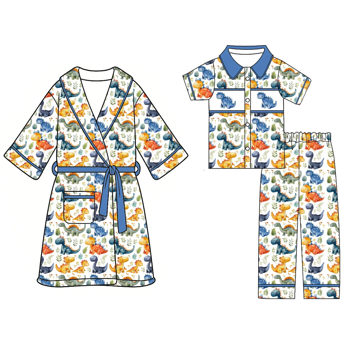 Boutique children's set and pocket robe dinosaur print lapel long-sleeved trousers boys set