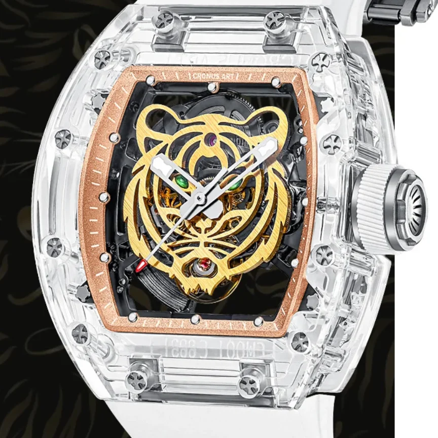 

CRONUSART Men Automatic Watch 50mm Tonneau Acrylic Case Mechanical Wristwatch Luminous Fluororubber Strap Skeleton Tiger Dial