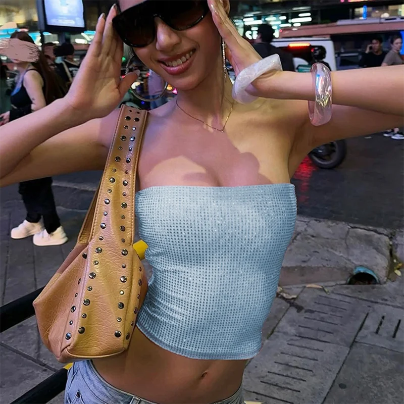 Women Rhinestone Strapless Tube Top Y2K Crystal Sparkle Crop Top Slim Fit Party Clubwear Night Out Fashion Camisole