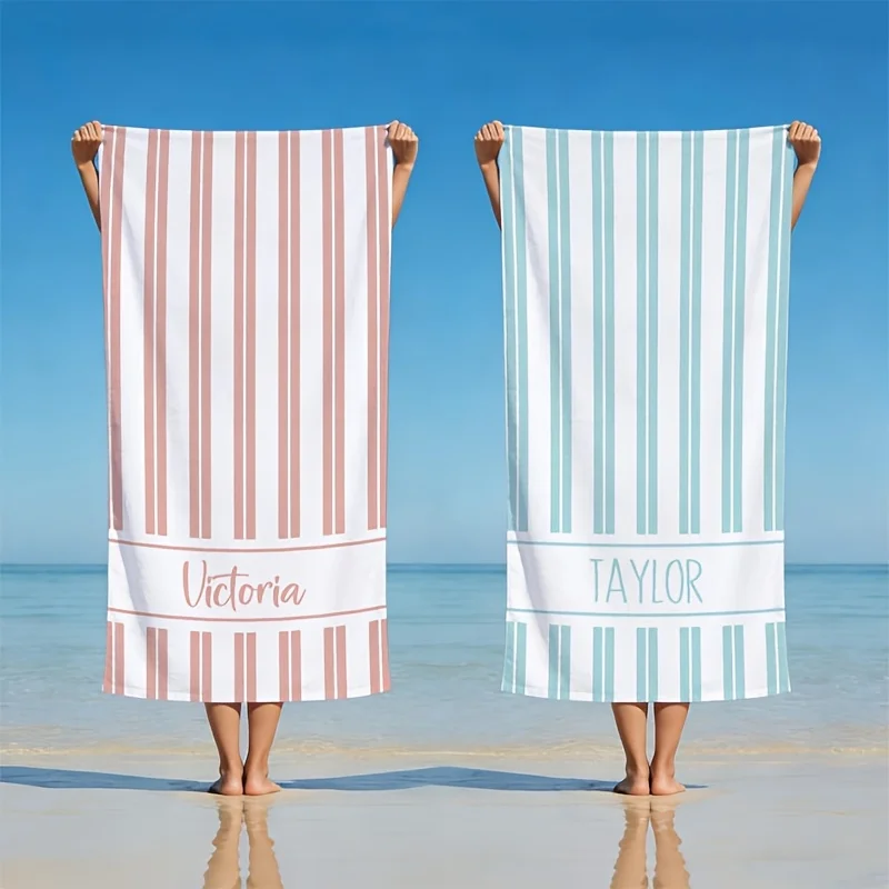 Personalized Striped Beach Towel Custom Name/Logo Oversized Microfiber Towel Summer Party Gift for Beach Swimming Bath Sports