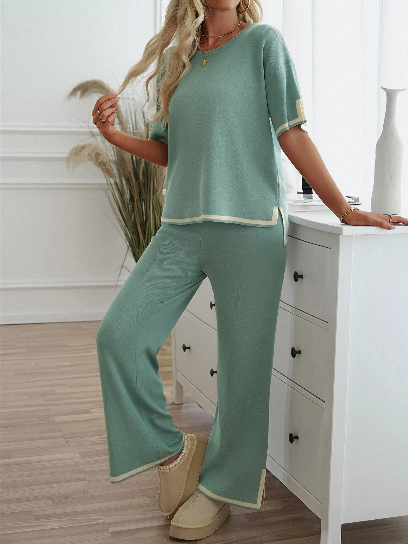 Conjuntos de duas peças femininos de malha topos perna larga calça mangas curtas gola redonda calças de cintura alta casual loungewear pijamas outfits