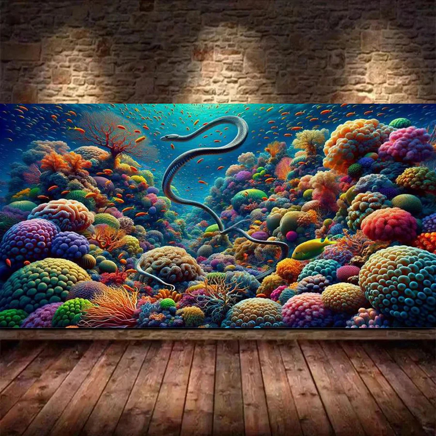

Underwater Scenery Flower Snake Large Size Diy Diamond Painting Ocean Scenery Full Drill Mosaic Embroidery Pictures 200x100cm
